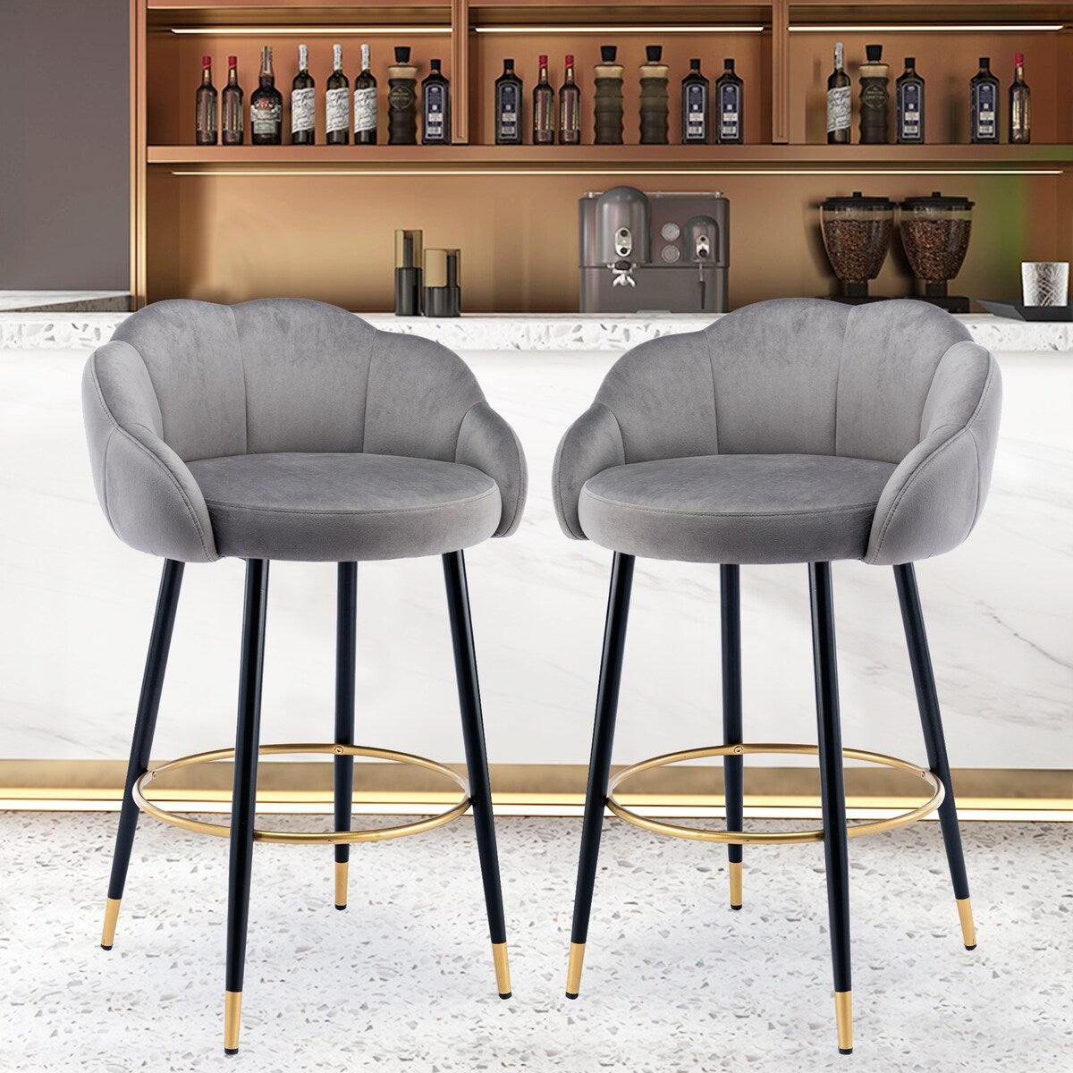 2pcs Velvet Upholstery Bar Stools with Back and Footrest