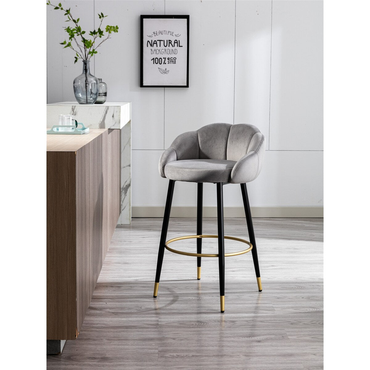 2pcs Velvet Upholstery Bar Stools with Back and Footrest