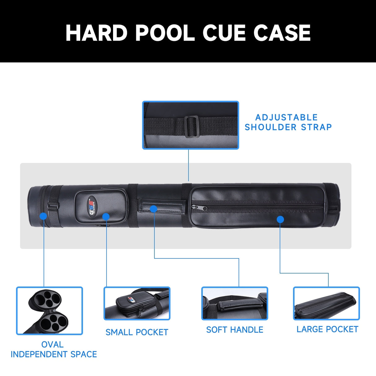 GSE™ 2x2 Oval Hard Billiard Pool Cue Stick Carrying Case, Billiard Cue Case Holds 2 Butts/2 Shafts (5 Colors)