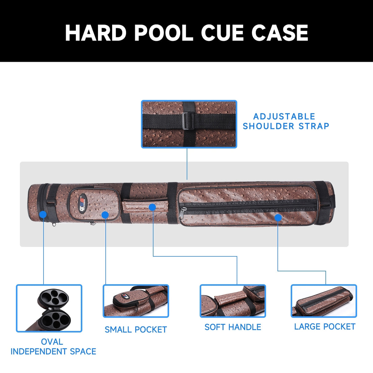 GSE™ 2x2 Oval Hard Billiard Pool Cue Stick Carrying Case, Billiard Cue Case Holds 2 Butts/2 Shafts (5 Colors)