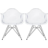 Set of 2 Clear Modern Designer Acrylic Plastic Chair With Arms Armchairs Dining Silver Solid Chrome Office