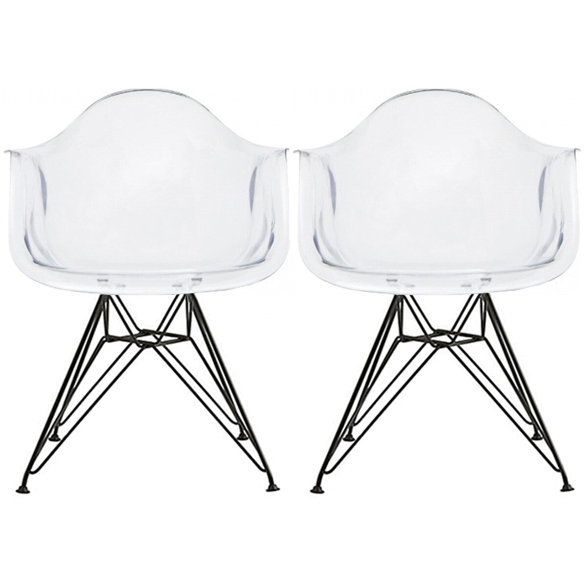 Set of 2 Clear Modern Designer Acrylic Plastic Chair With Arms Armchairs Dining Silver Solid Chrome Office