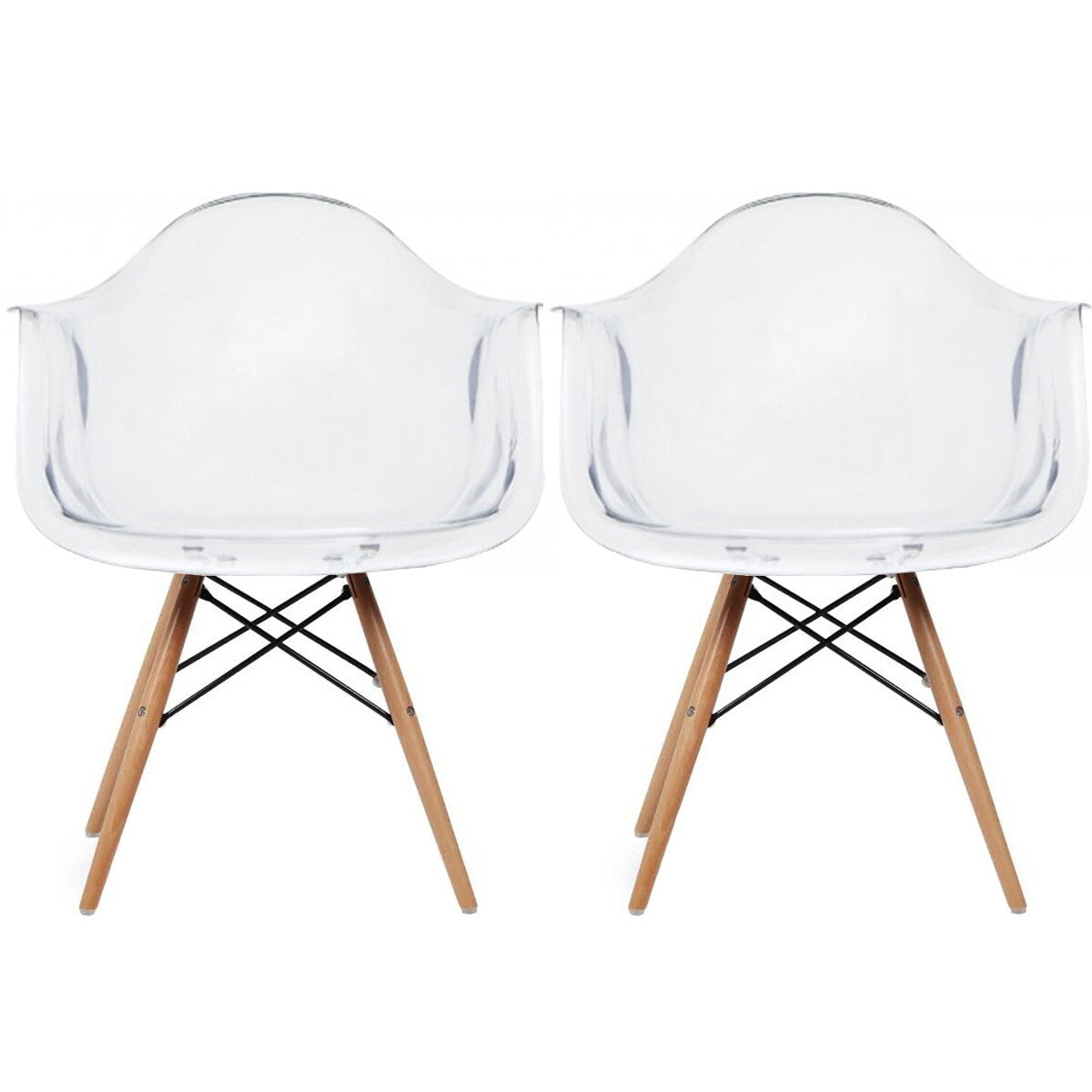 Set of 2 Clear Modern Designer Acrylic Plastic Chair With Arms Armchairs Dining Silver Solid Chrome Office