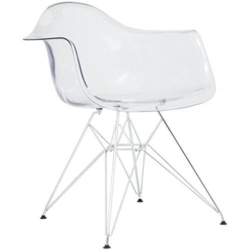 Set of 2 Clear Modern Designer Acrylic Plastic Chair With Arms Armchairs Dining Silver Solid Chrome Office