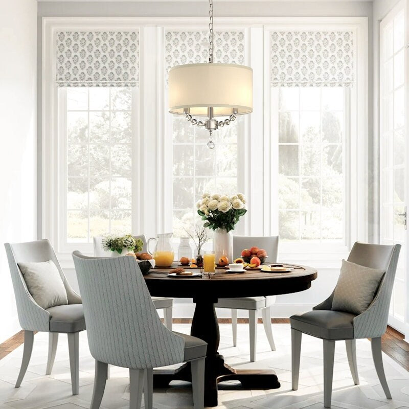 3-Light Modern Cottage Drum Organza Fabric Lampshade Pendant with Wide Clear Crystal Beads Sheer Ceiling Light Fixture