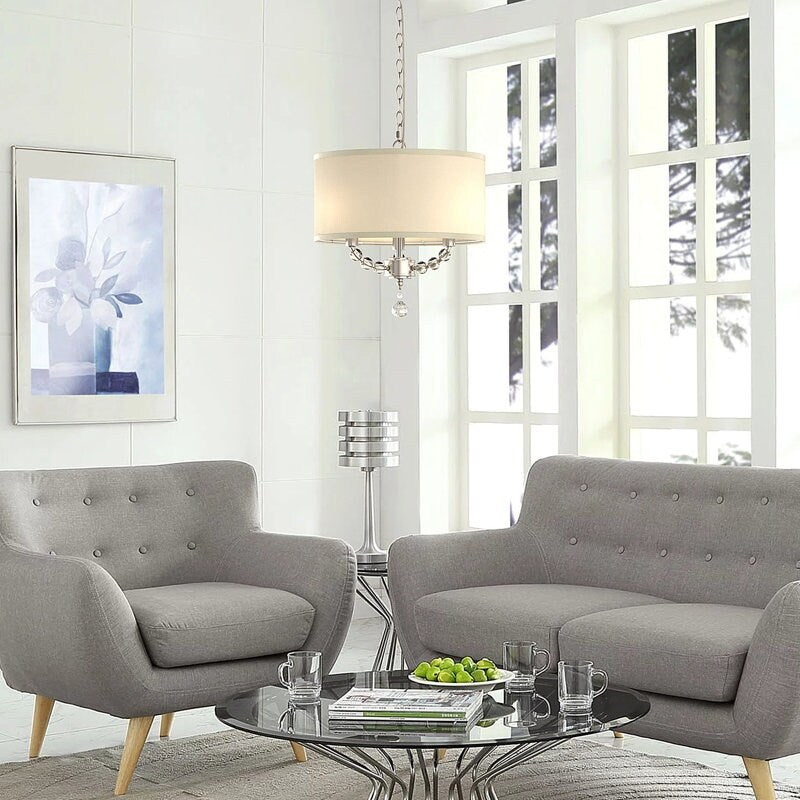 3-Light Modern Cottage Drum Organza Fabric Lampshade Pendant with Wide Clear Crystal Beads Sheer Ceiling Light Fixture