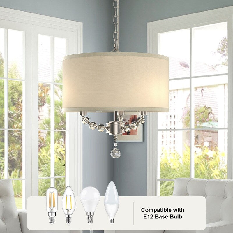 3-Light Modern Cottage Drum Organza Fabric Lampshade Pendant with Wide Clear Crystal Beads Sheer Ceiling Light Fixture