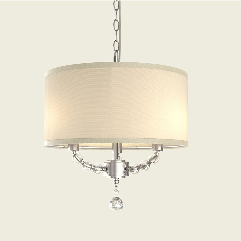 3-Light Modern Cottage Drum Organza Fabric Lampshade Pendant with Wide Clear Crystal Beads Sheer Ceiling Light Fixture