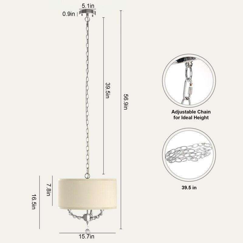 3-Light Modern Cottage Drum Organza Fabric Lampshade Pendant with Wide Clear Crystal Beads Sheer Ceiling Light Fixture