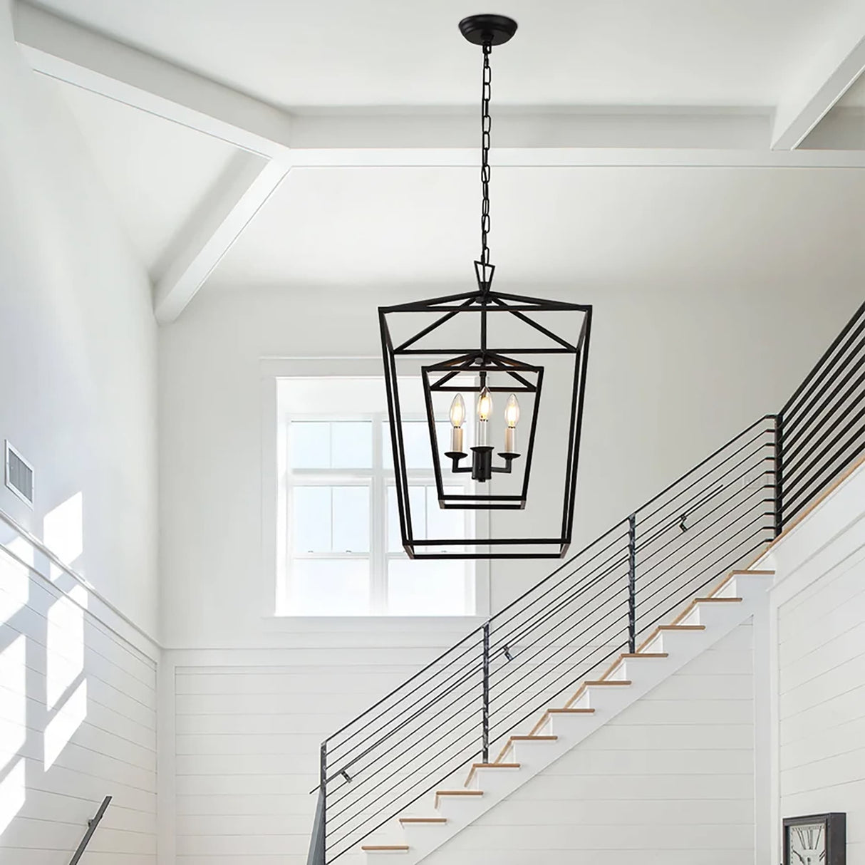 17 Iinches Wide Double Cage Lantern Pendant Lamp 3-Light Stairway Entry Chandelier Ceiling Light