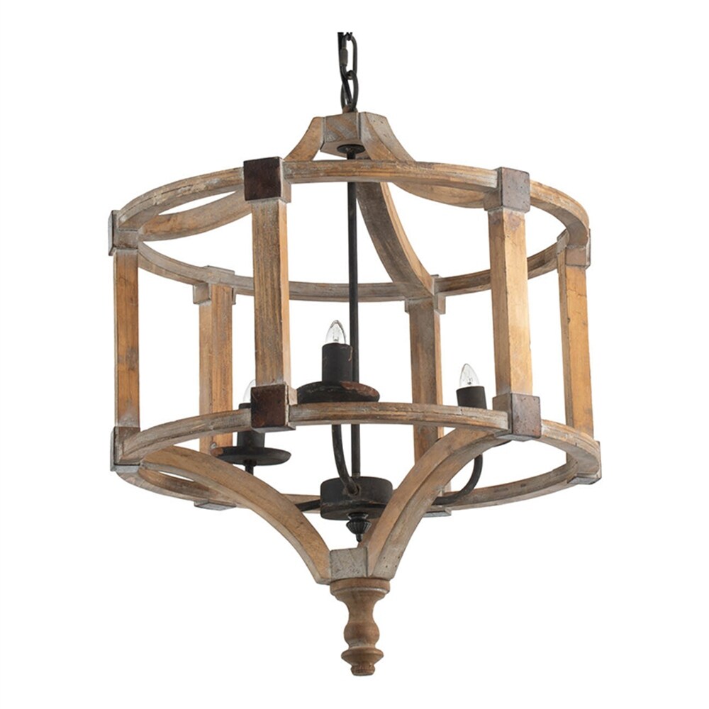 3 - Light Wood Drum Chandelier with Adjustable Chain (No Bulb) - N/A