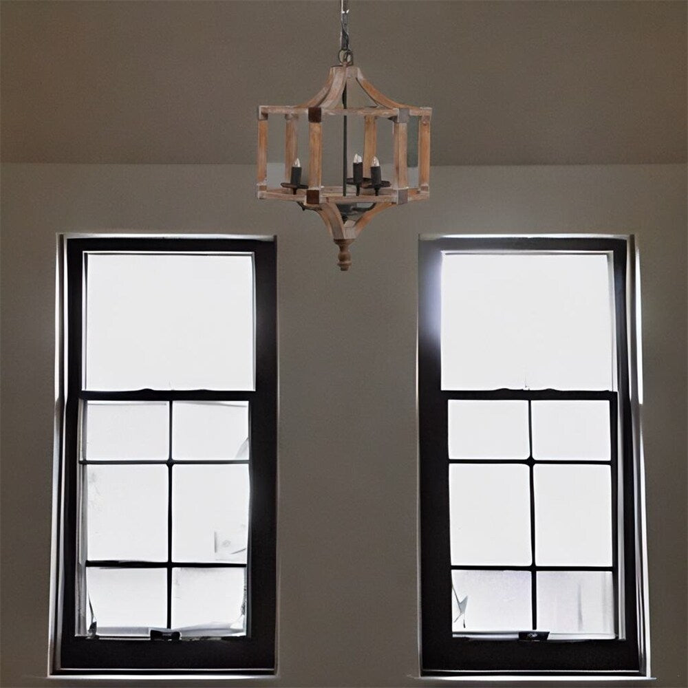 3 - Light Wood Drum Chandelier with Adjustable Chain (No Bulb) - N/A