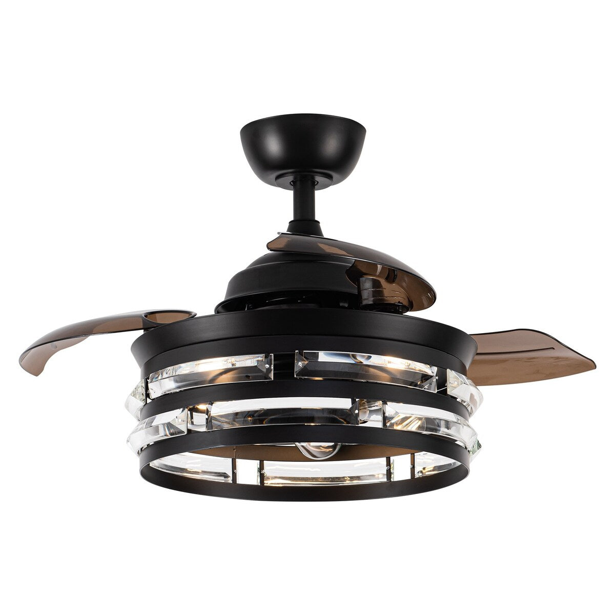 36-in Modern 3-Blade Matte Black Cage Retractable Crystal Ceiling Fan with Remote and Light Kit - 35.83-in W x 16.74-in H