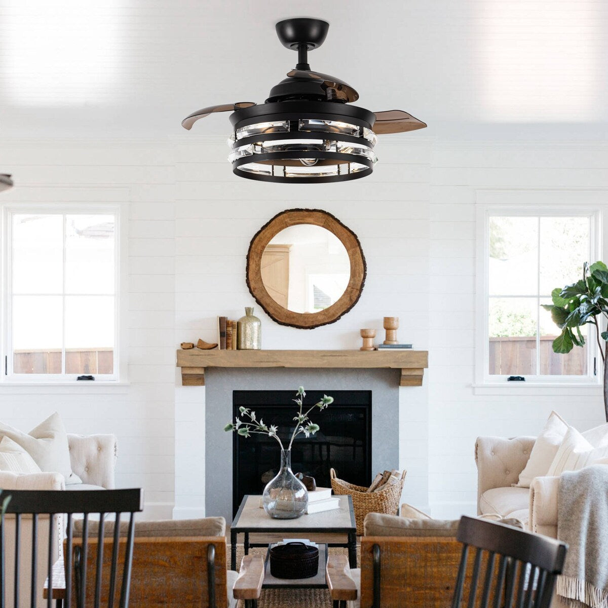 36-in Modern 3-Blade Matte Black Cage Retractable Crystal Ceiling Fan with Remote and Light Kit - 35.83-in W x 16.74-in H