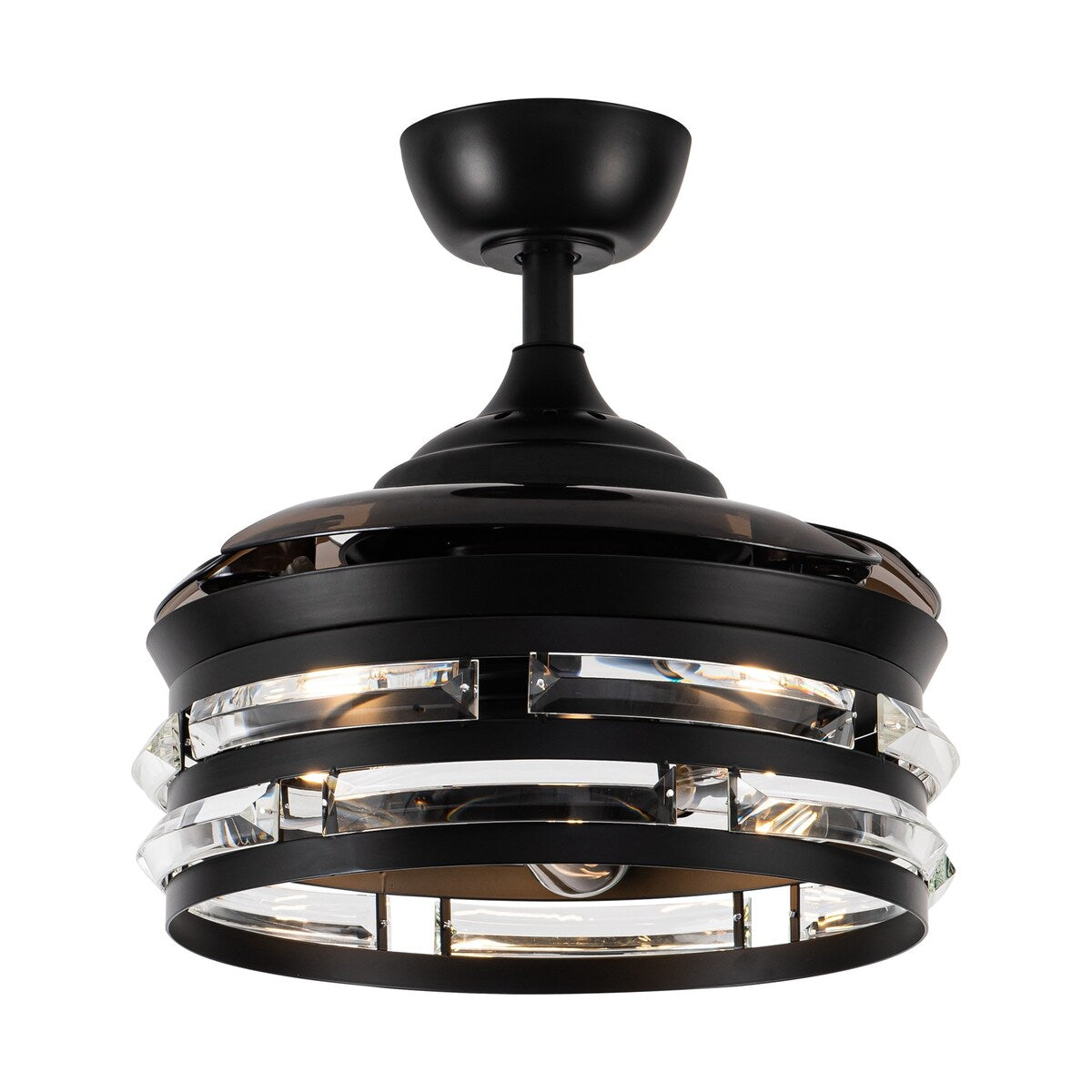 36-in Modern 3-Blade Matte Black Cage Retractable Crystal Ceiling Fan with Remote and Light Kit - 35.83-in W x 16.74-in H