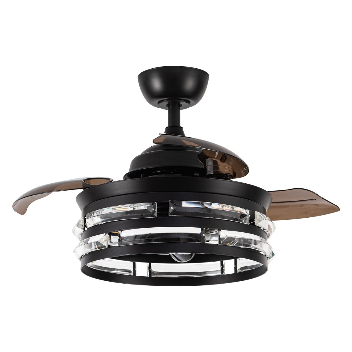 36-in Modern 3-Blade Matte Black Cage Retractable Crystal Ceiling Fan with Remote and Light Kit - 35.83-in W x 16.74-in H