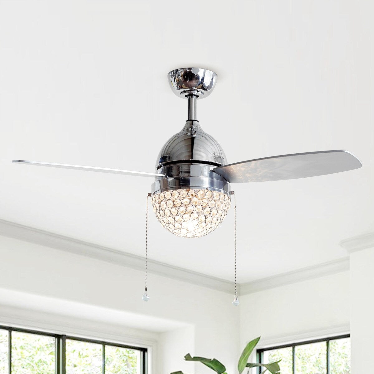 Modern 1-Light 3-Blades Chrome Crystal Ceiling Fan with Pull Chain - 4