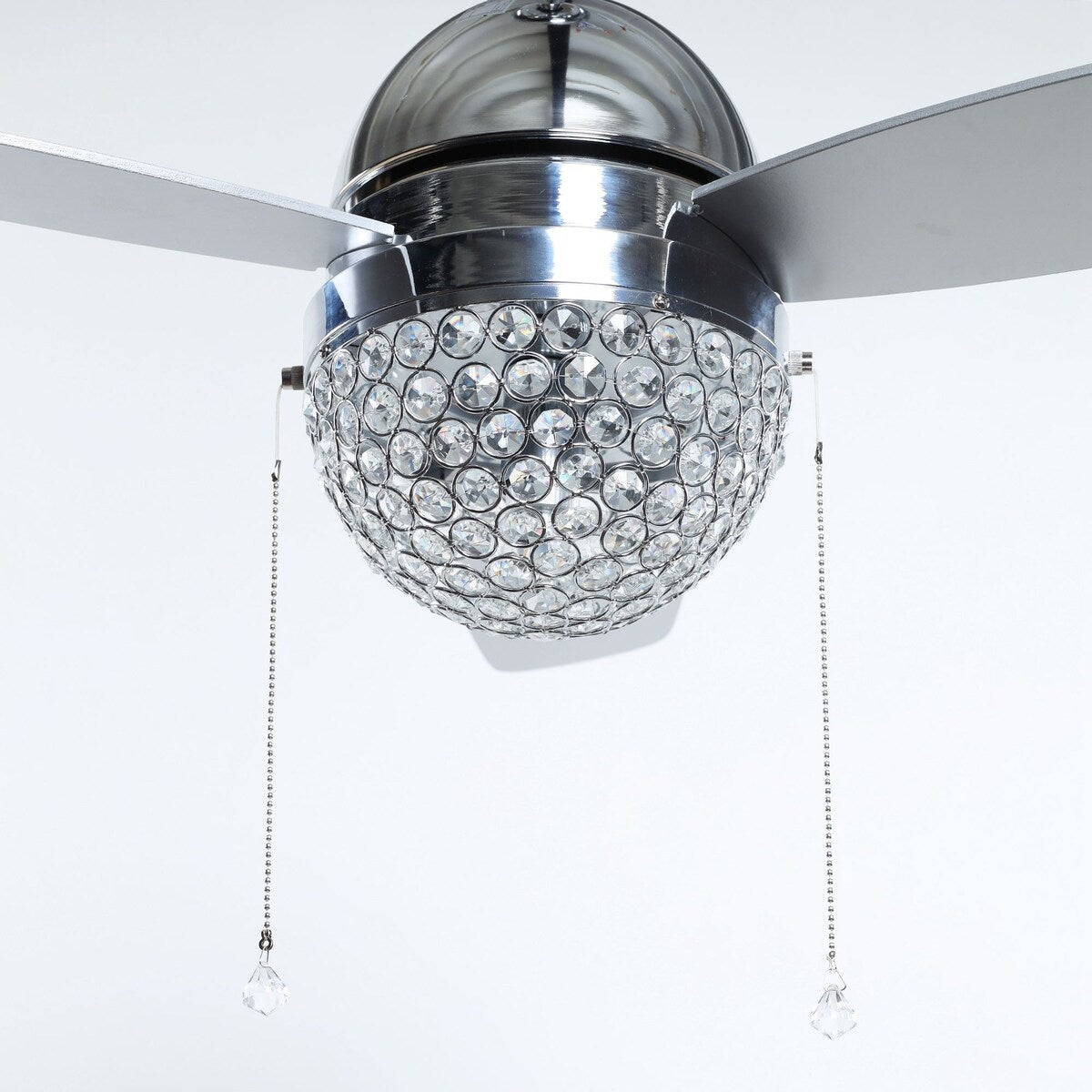 Modern 1-Light 3-Blades Chrome Crystal Ceiling Fan with Pull Chain - 42-in W x 18.5-in H