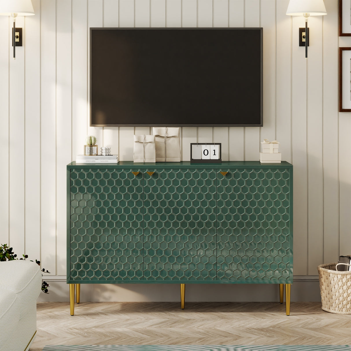 3 Door Glossy Storage Locker Accent Cabinet/Buffet