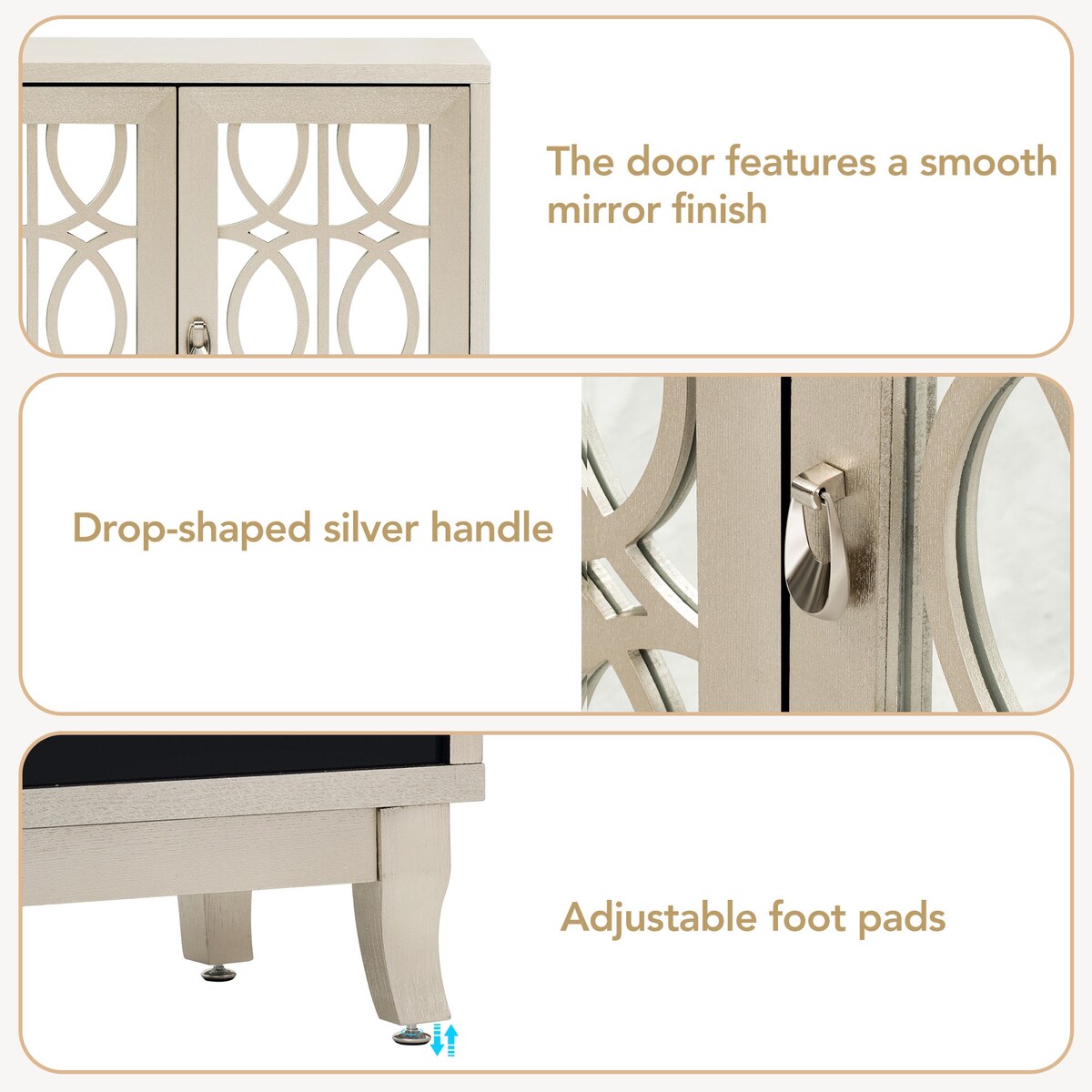 3 Door Mirrored Buffet Cabinet with Silver Handle for Living Room
