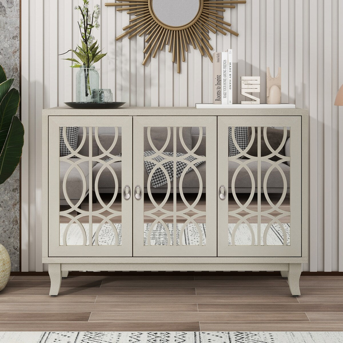 3 Door Mirrored Buffet Cabinet with Silver Handle for Living Room