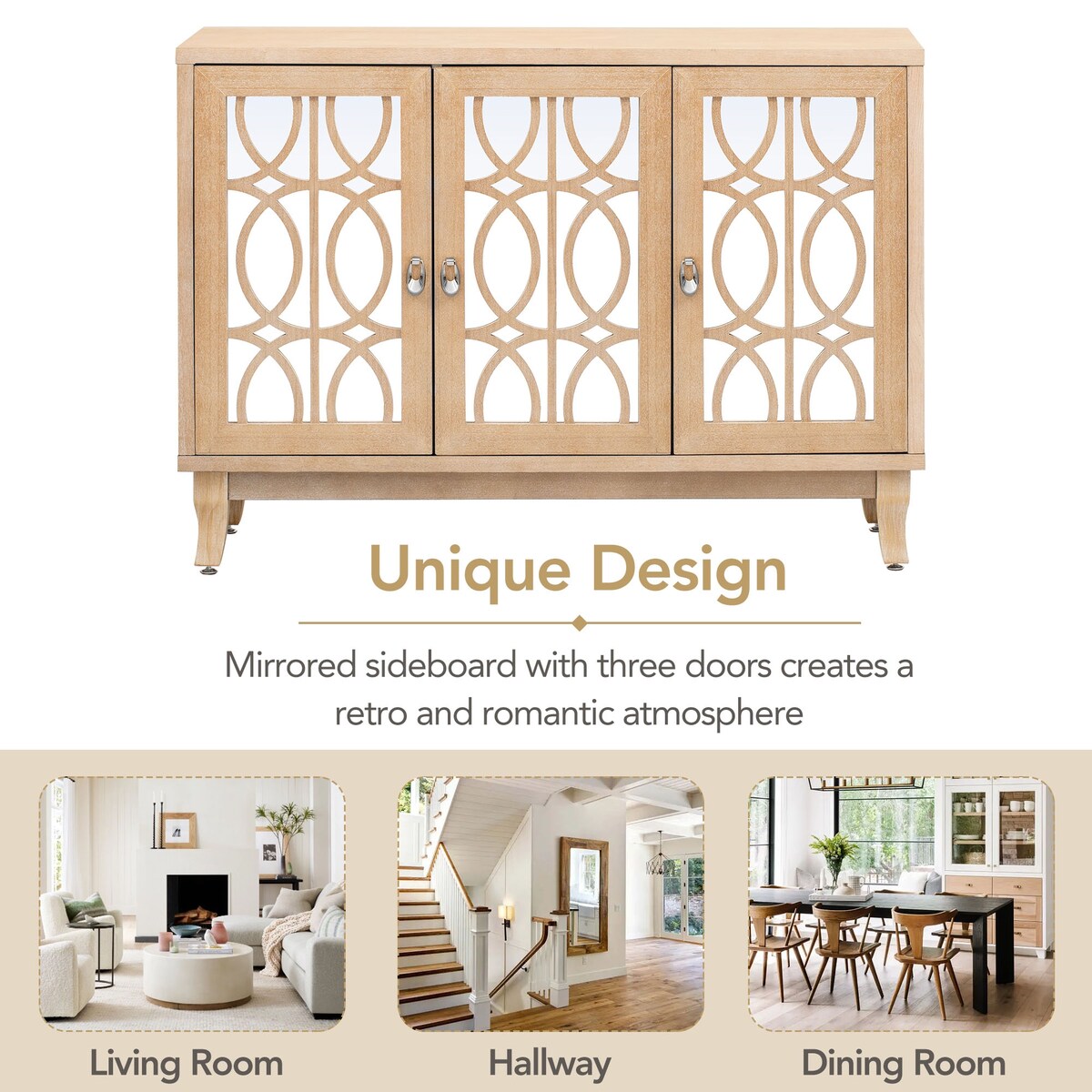 3 Door Mirrored Buffet Cabinet with Silver Handle for Living Room