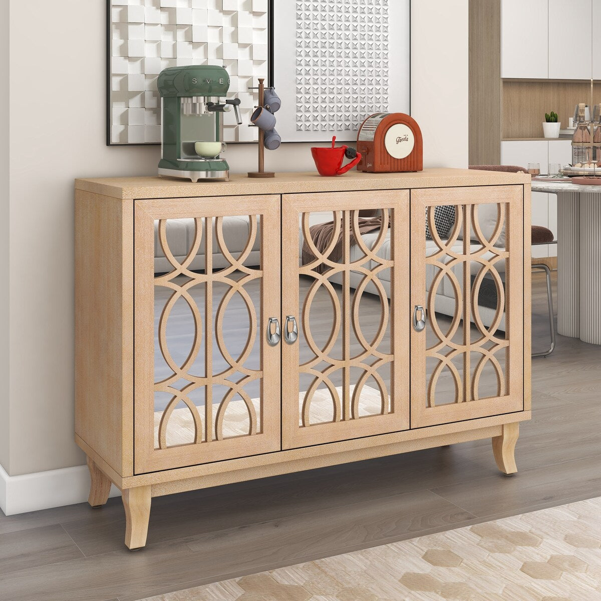 3 Door Mirrored Buffet Cabinet with Silver Handle for Living Room