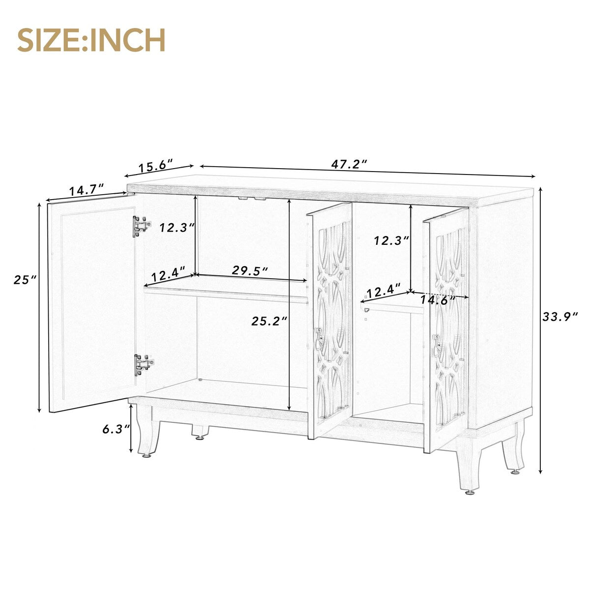 3 Door Mirrored Buffet Cabinet with Silver Handle for Living Room