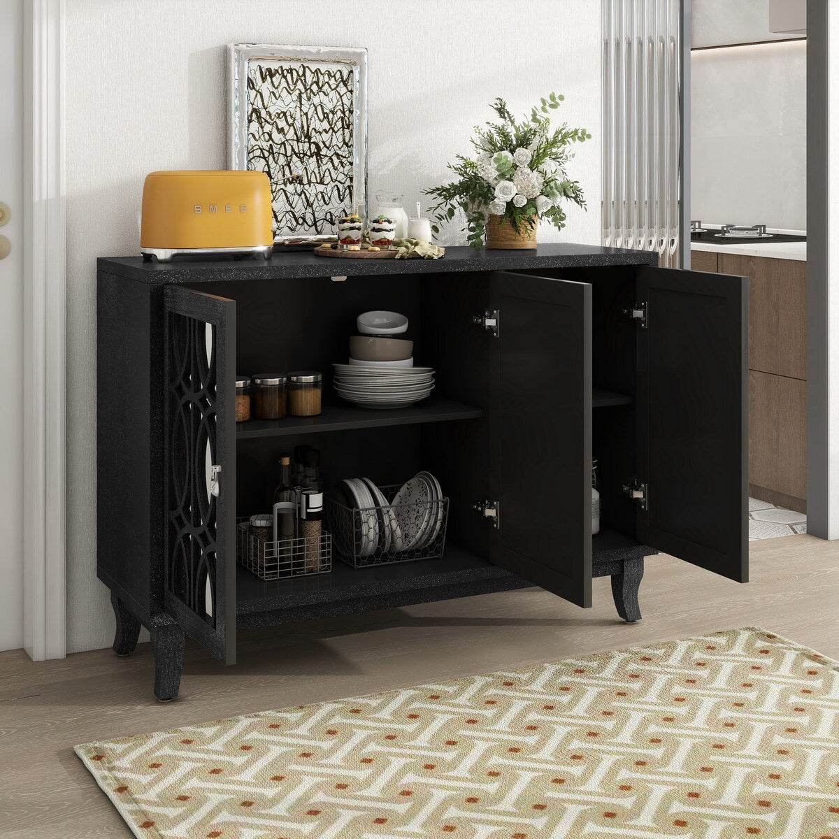 3 Door Mirrored Buffet Cabinet with Silver Handle for Living Room