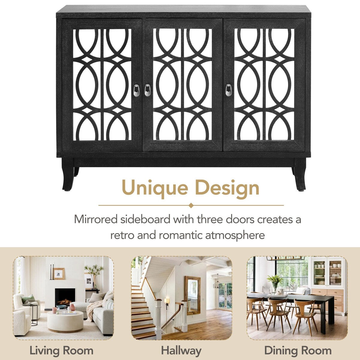 3 Door Mirrored Buffet Cabinet with Silver Handle for Living Room