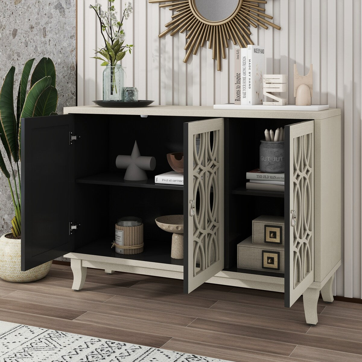 3 Door Mirrored Buffet Cabinet with Silver Handle for Living Room