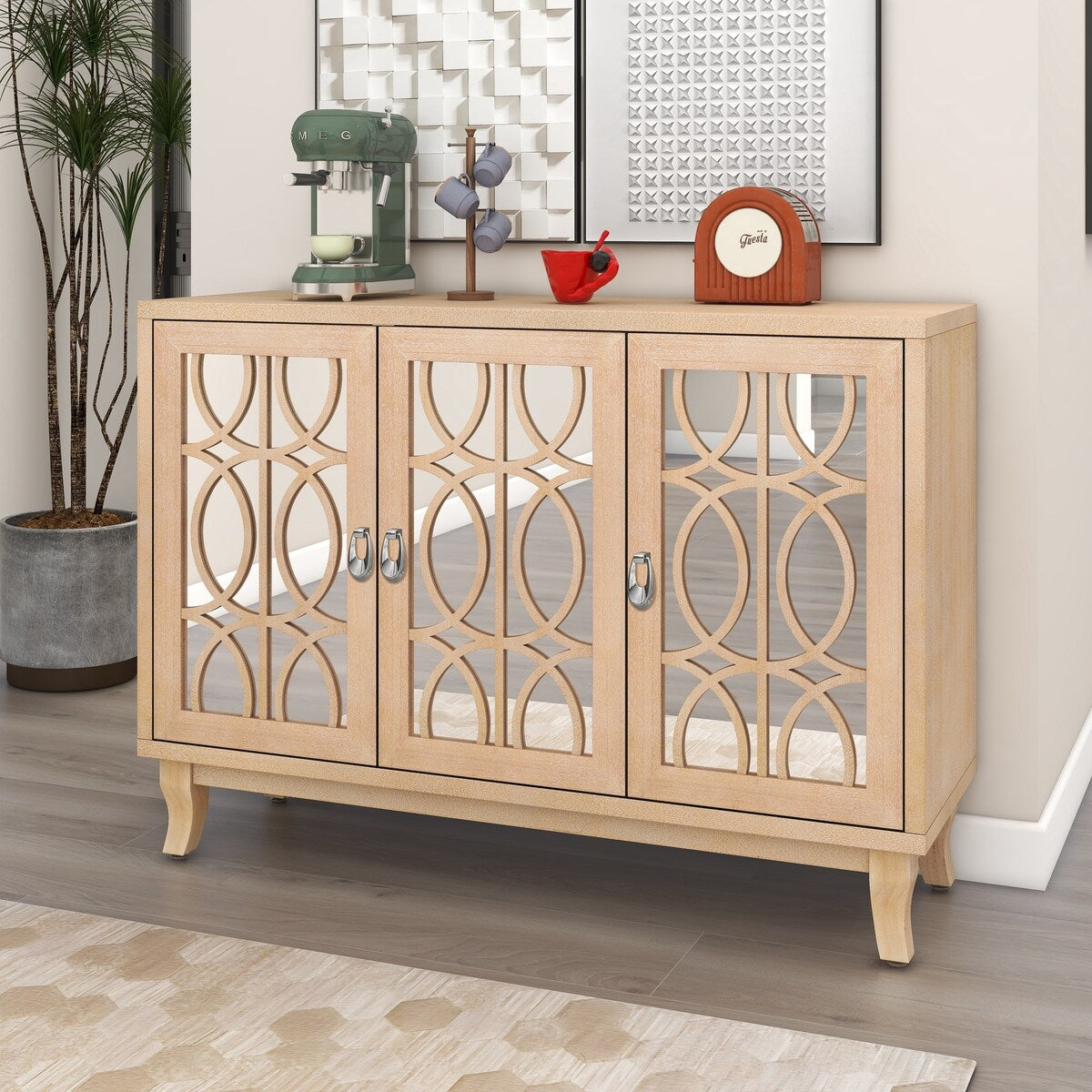 3 Door Mirrored Buffet Cabinet with Silver Handle for Living Room