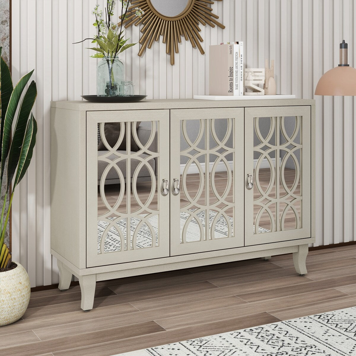 3 Door Mirrored Buffet Cabinet with Silver Handle for Living Room
