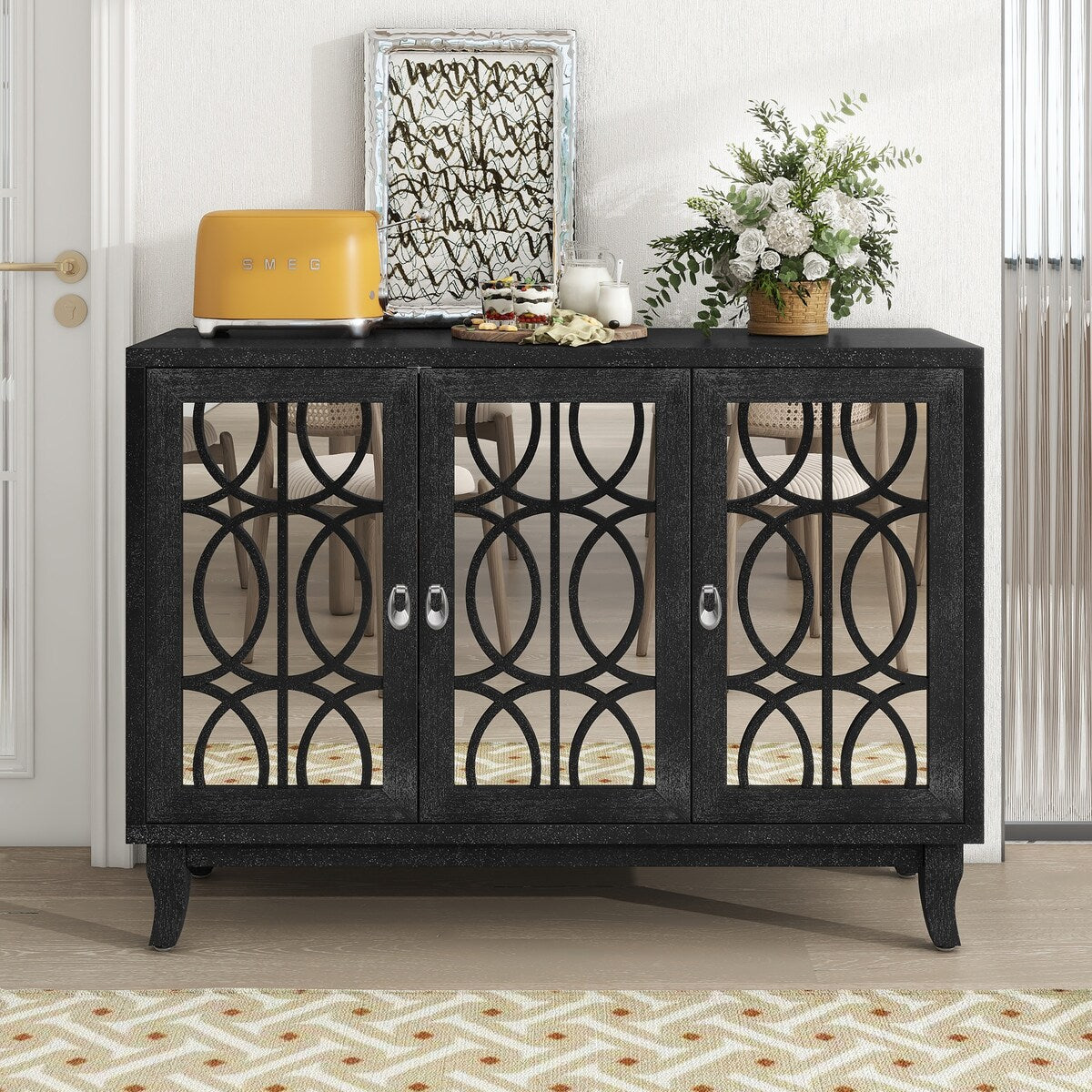 3 Door Mirrored Buffet Cabinet with Silver Handle for Living Room