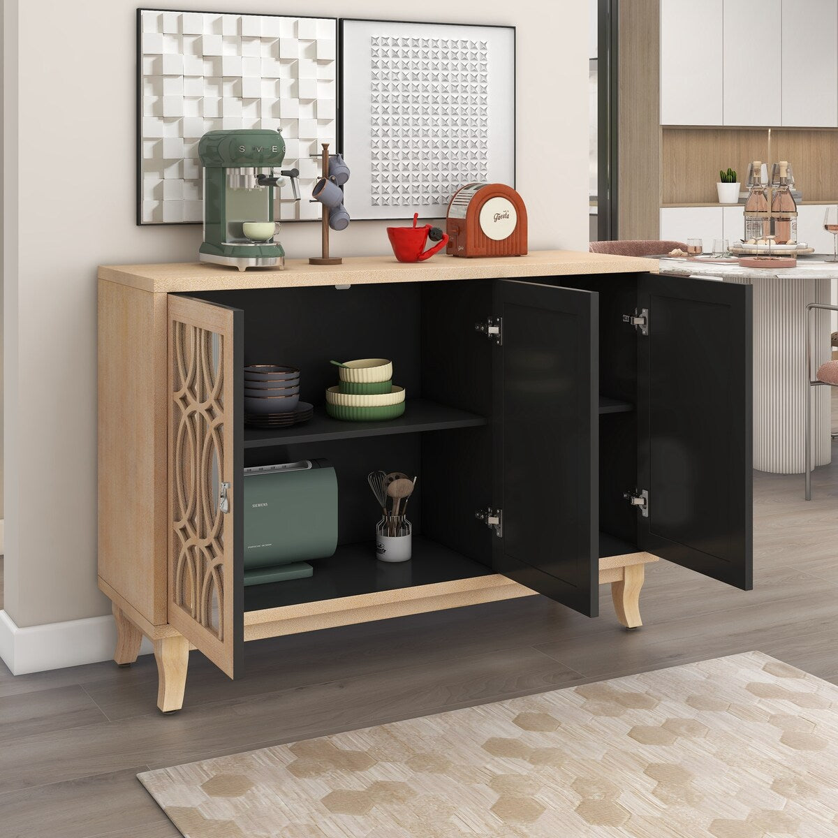 3 Door Mirrored Buffet Cabinet with Silver Handle for Living Room