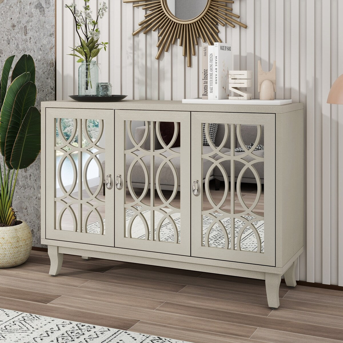 3 Door Mirrored Buffet Cabinet with Silver Handle for Living Room