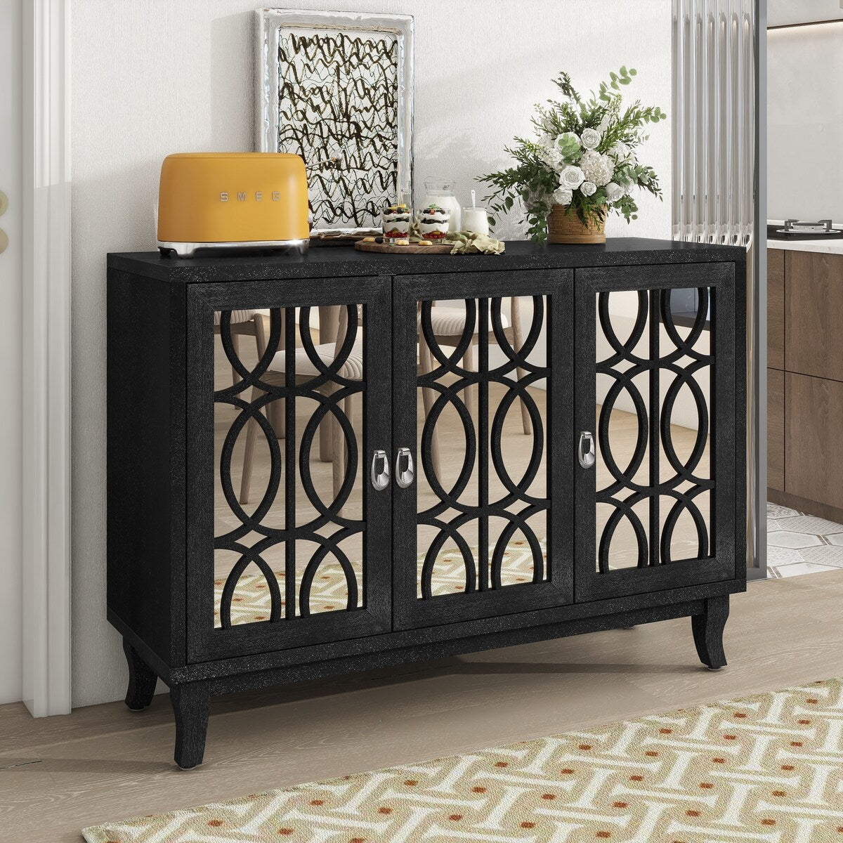 3 Door Mirrored Buffet Cabinet with Silver Handle for Living Room