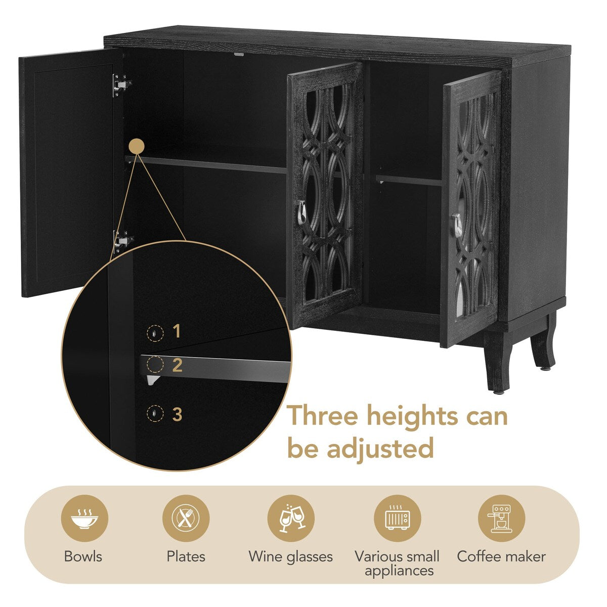 3 Door Mirrored Buffet Cabinet with Silver Handle for Living Room