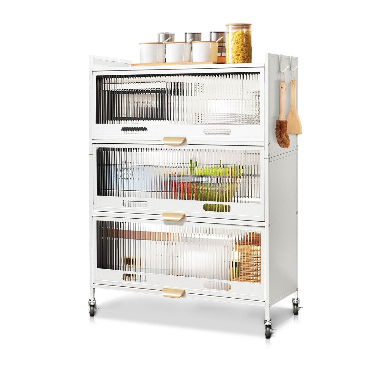 3-Door Steel Modern Buffet/Sideboard Cabinet Storage Organizer With Wheel