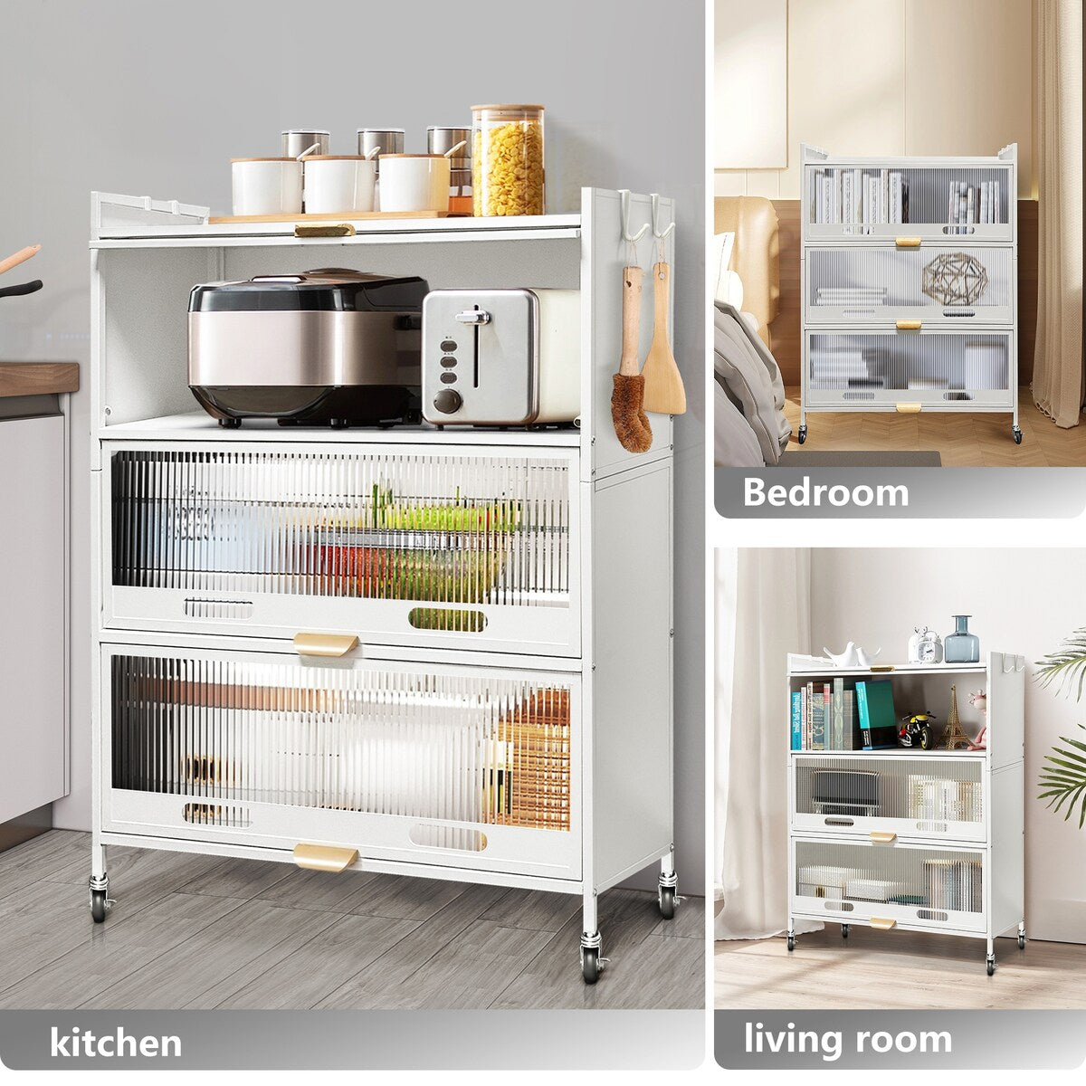 3-Door Steel Modern Buffet/Sideboard Cabinet Storage Organizer With Wheel