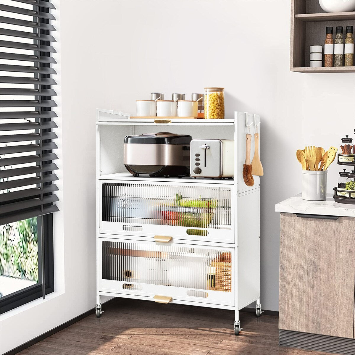 3-Door Steel Modern Buffet/Sideboard Cabinet Storage Organizer With Wheel