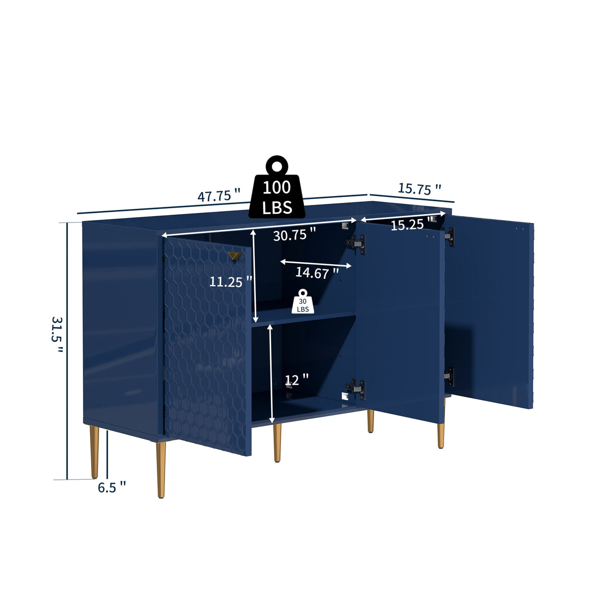 3 Door Glossy Storage Locker Accent Cabinet/Buffet