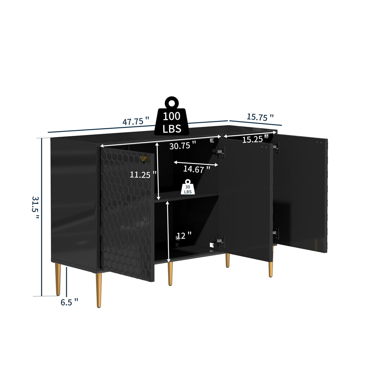 3 Door Glossy Storage Locker Accent Cabinet/Buffet