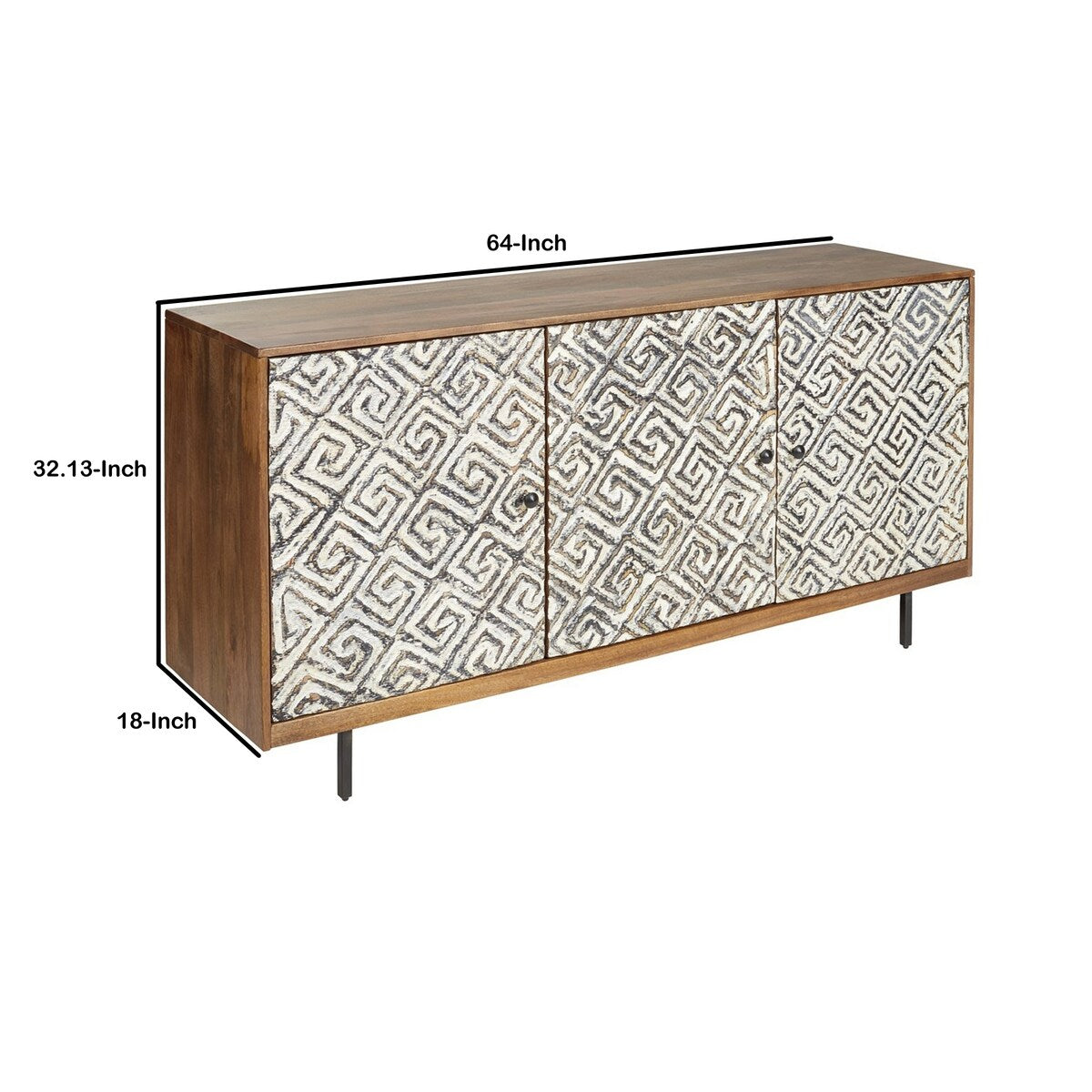 3 Door Wooden Accent Cabinet with Carved Trellis Motif, Brown and Off White
