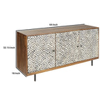 3 Door Wooden Accent Cabinet with Carved Trellis Motif, Brown and Off White