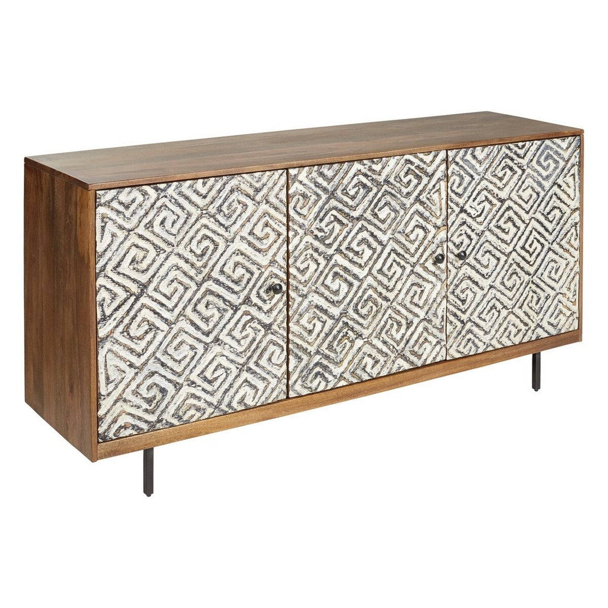 3 Door Wooden Accent Cabinet with Carved Trellis Motif, Brown and Off White