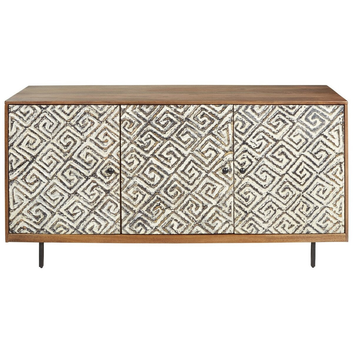 3 Door Wooden Accent Cabinet with Carved Trellis Motif, Brown and Off White