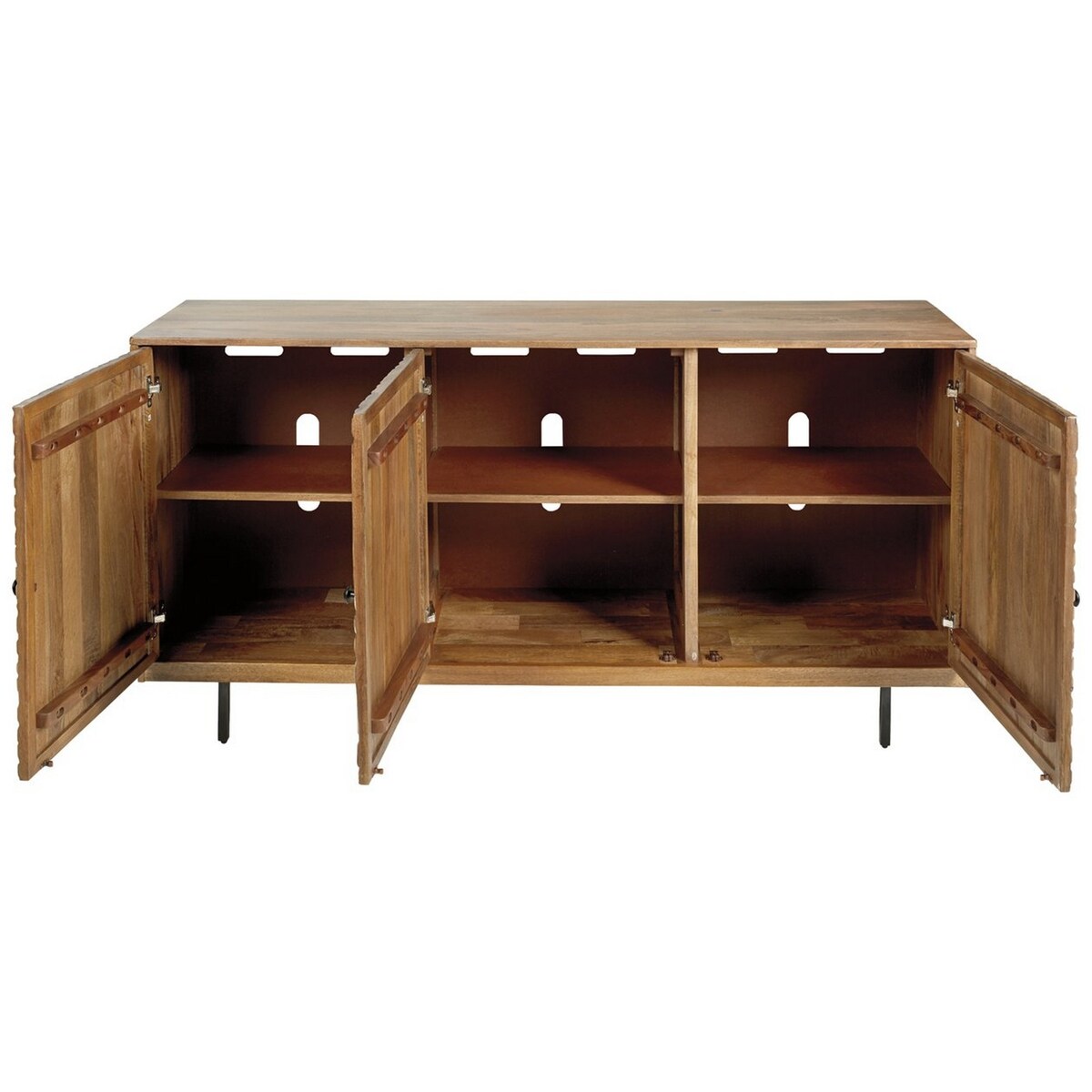 3 Door Wooden Accent Cabinet with Carved Trellis Motif, Brown and Off White