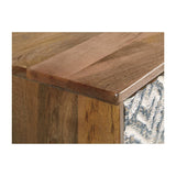 3 Door Wooden Accent Cabinet with Carved Trellis Motif, Brown and Off White