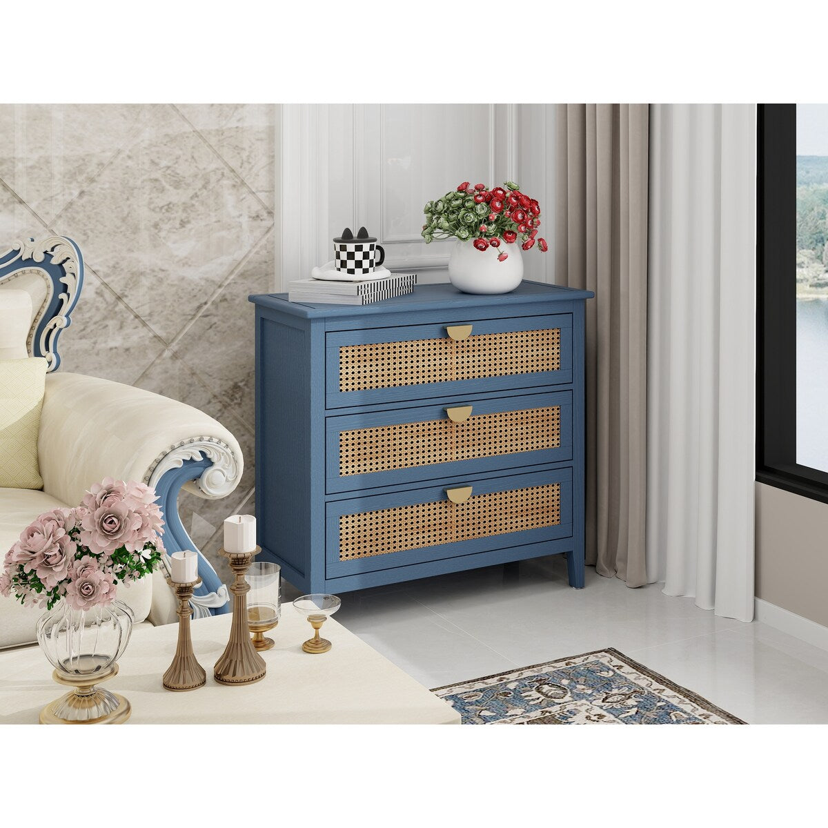 3 Drawer Cabinet,Natural rattan,American Furniture,Suitable for bedroom, living room, study
